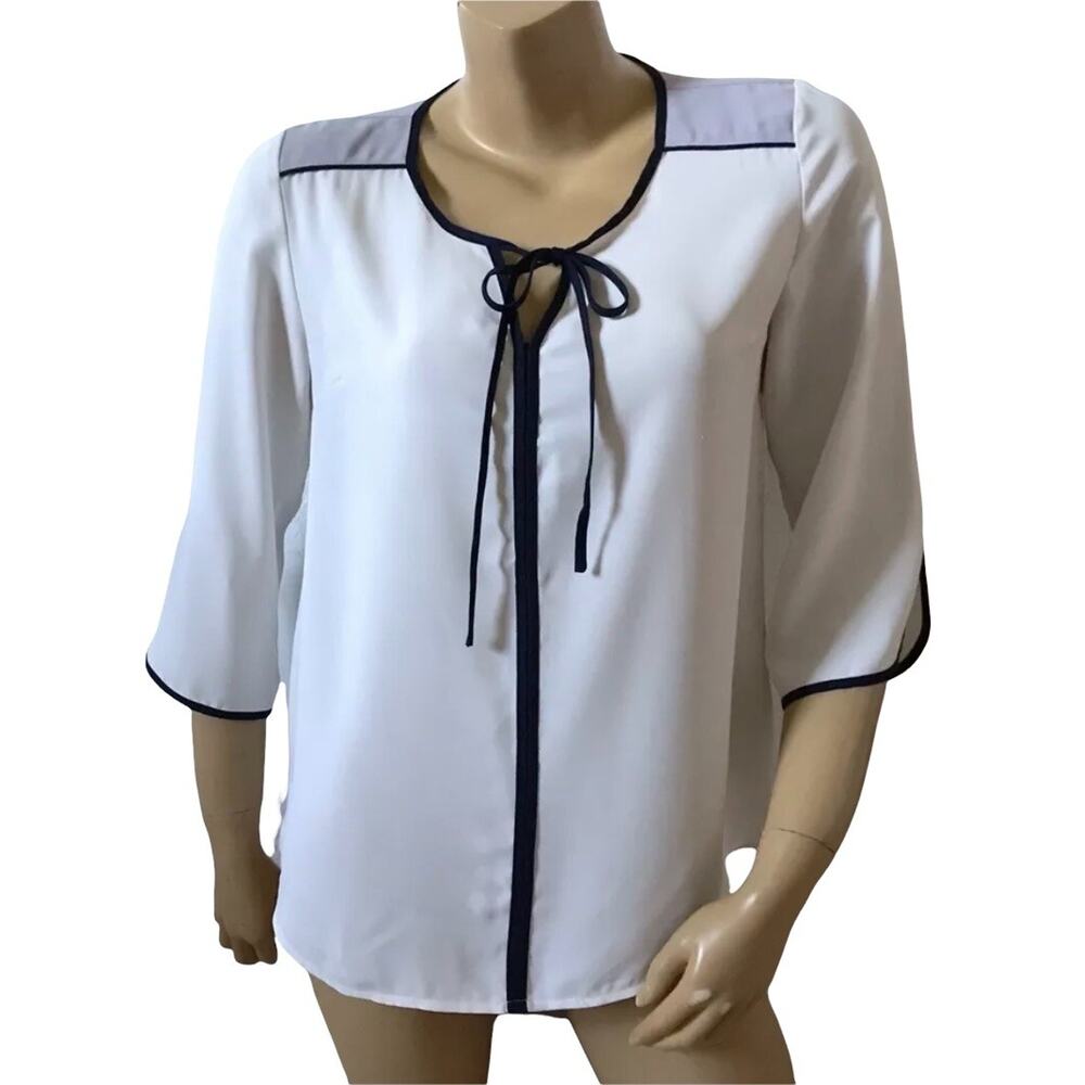 41 HAWTHORN Womens Size Small White Blue 3/4 Sleeve Keyhole Neck Blouse Shirt